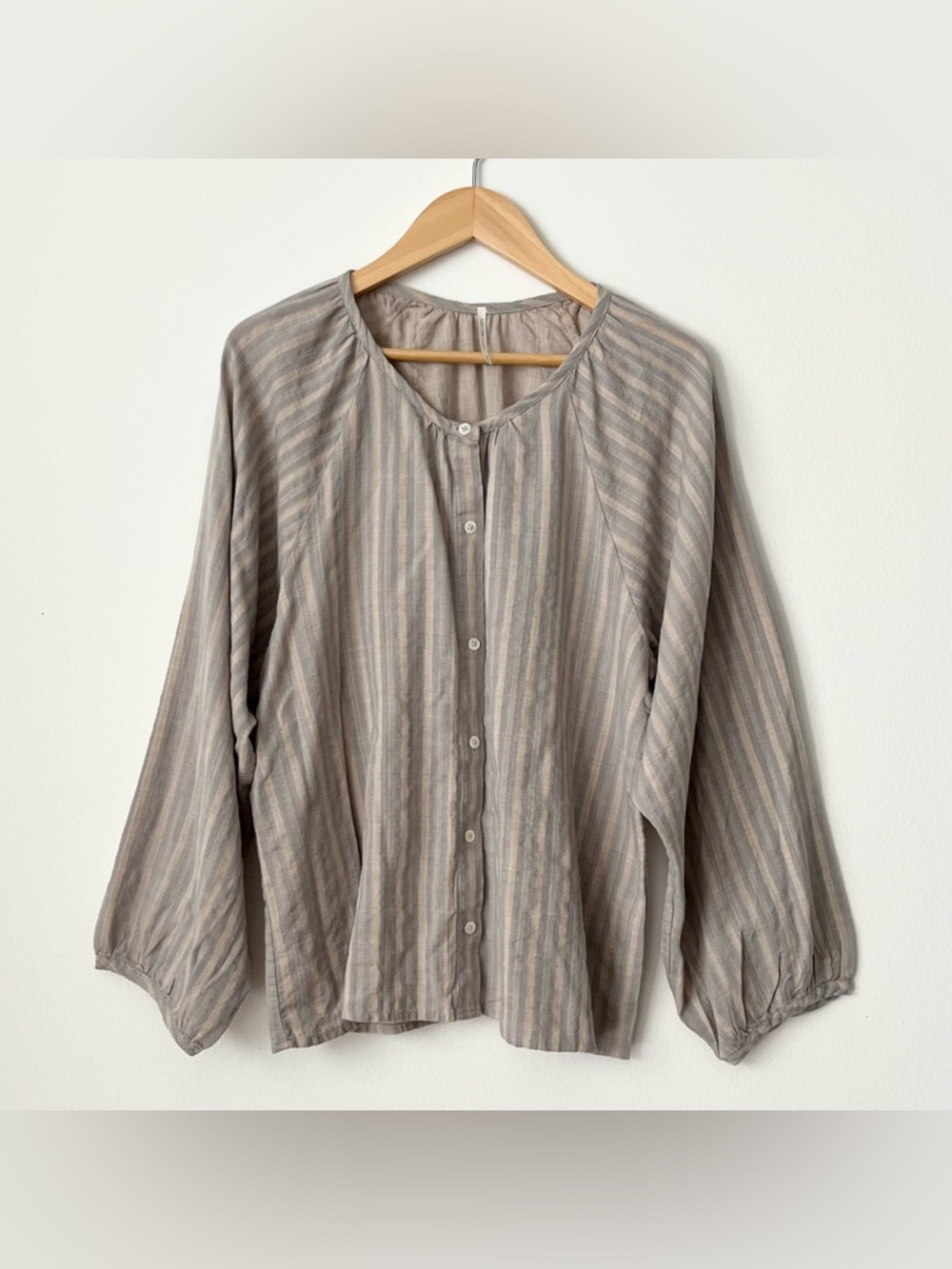 NWOT Hello Nite LA Cotton Blouse XS Blue Biege Striped Boho Oversized Breezy